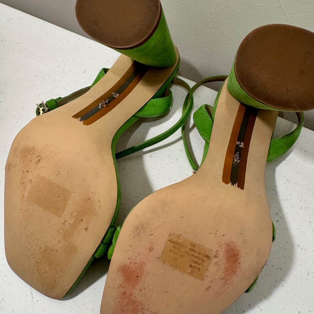 Sam Edelman Kia Block Heel Sandal 8.5 Apple Green Suede Square Toe Ankle Strap - Picture 16 of 16